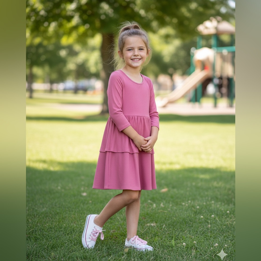 Epic Threads Pink Ribbed Tiered Dress – Girls’ 3/4 Sleeve